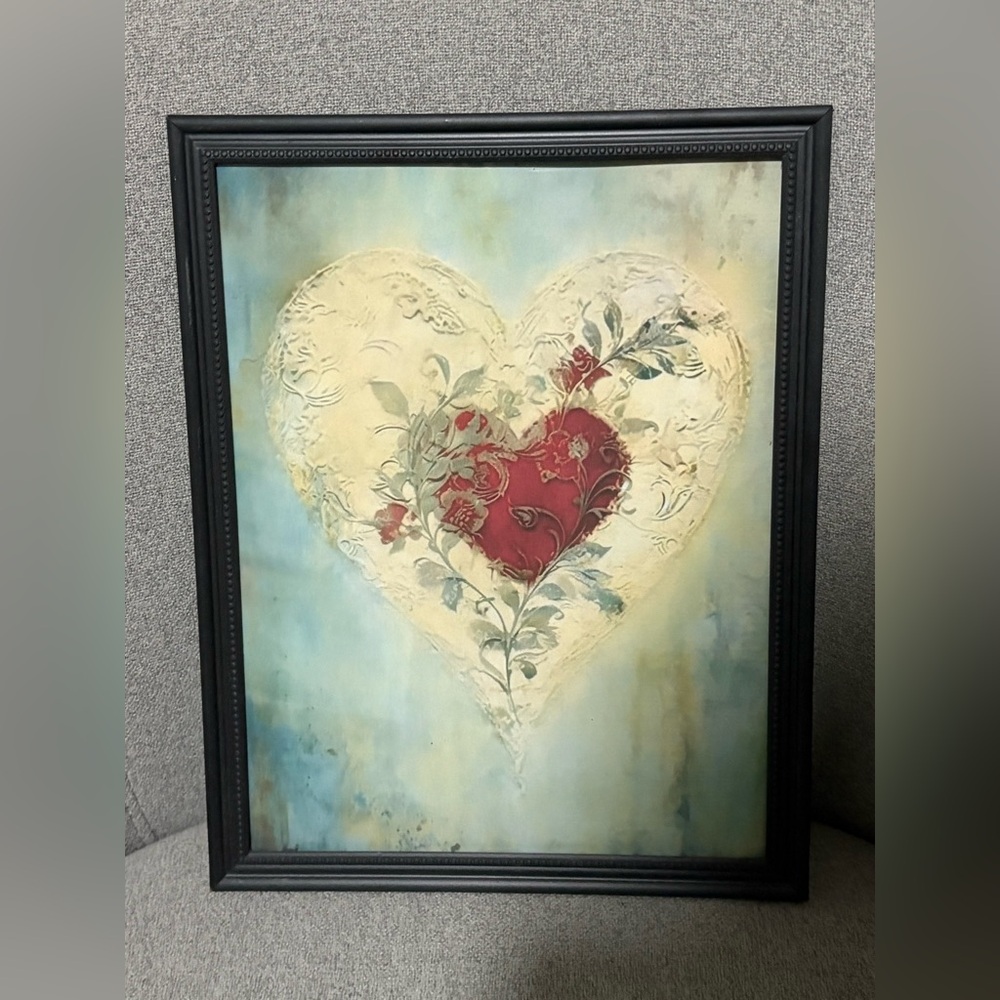 Framed 8x10 Heart Print Art with Floral Design Valentine’s Day